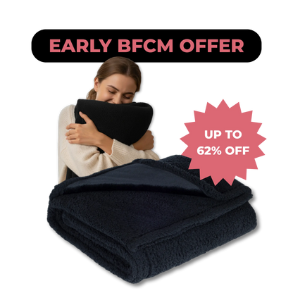 Woman hugging a black blanket with promotional text about an Early BFCM offer