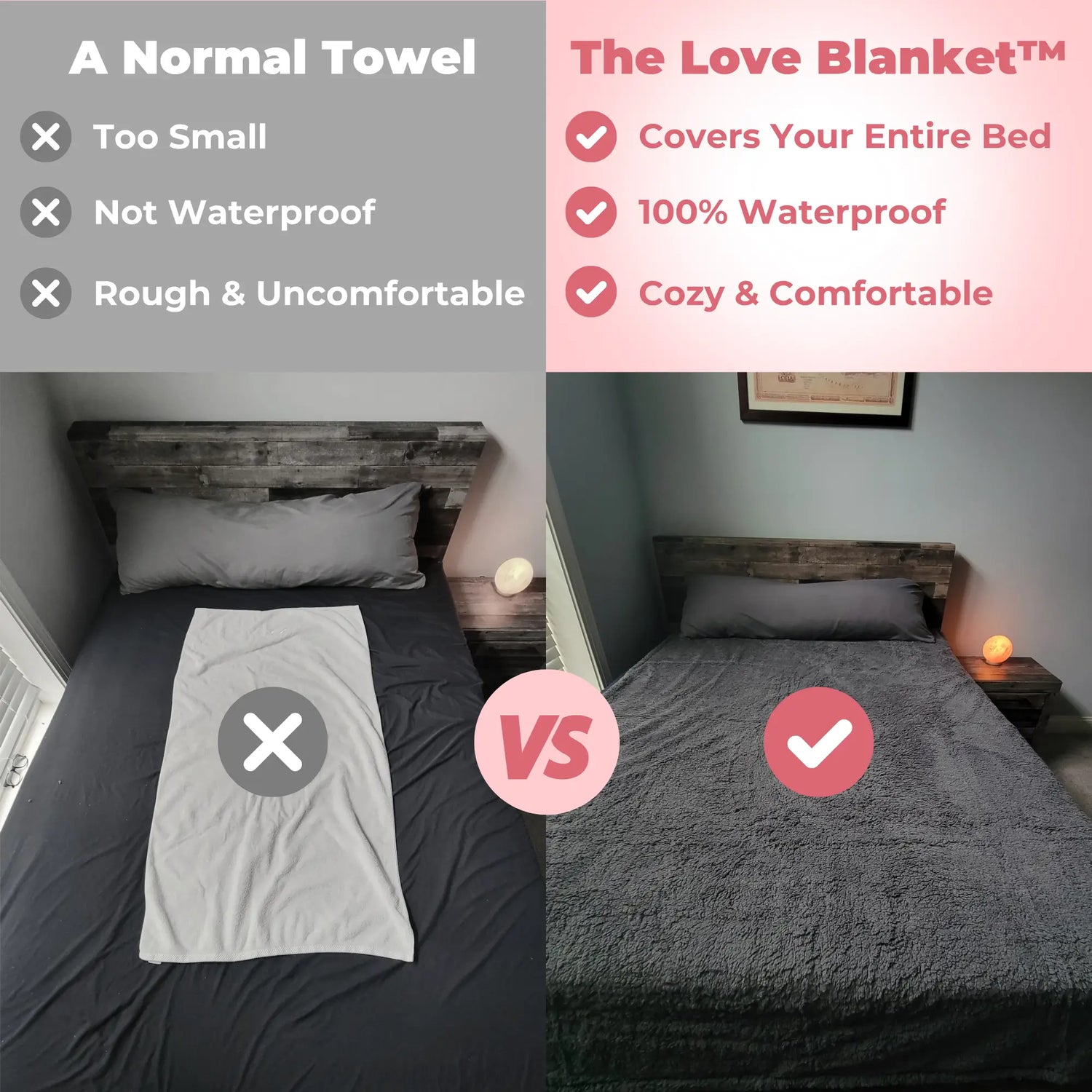 Comparison of a normal towel and 'The Love Blanket' on a bed.