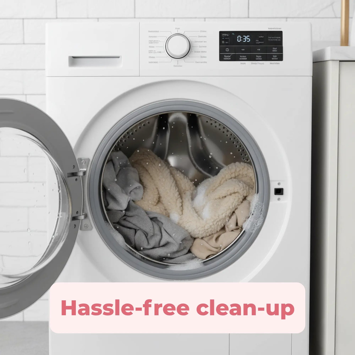 White washing machine with open door showing the Love Blanket being washed